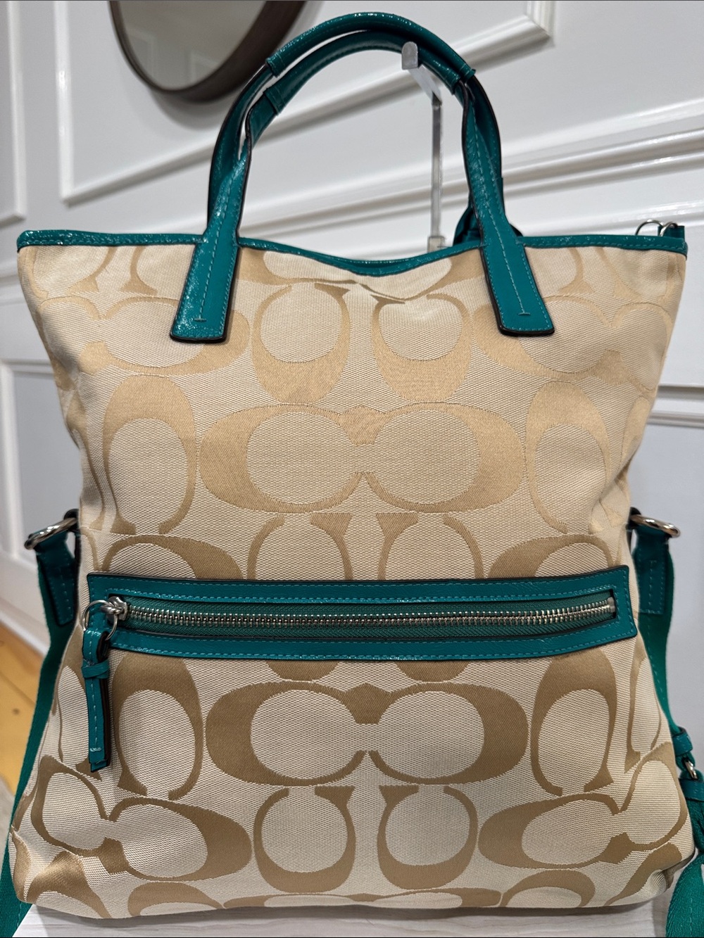 Coach Bag Oversized Signature Green Tan Stripe Foldover Tote EUC RARE - Picture 7 of 17